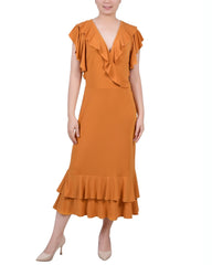 Short Flutter Sleeve Ruffle Neck Dress