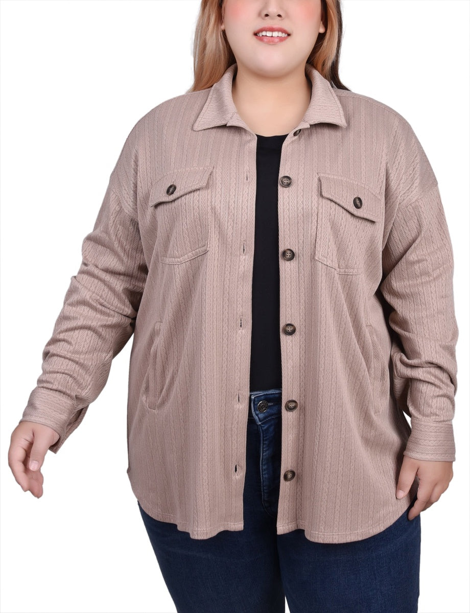  NY Collection Plus Size Long Sleeve Textured Knit Shirtjacket - Camel - Bonton