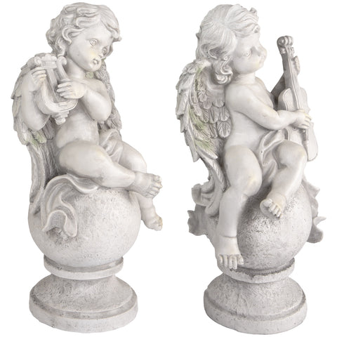 Set of 2 Cherub Angels With Violin and Harp on Finials Outdoor Garden Statues 15.25"