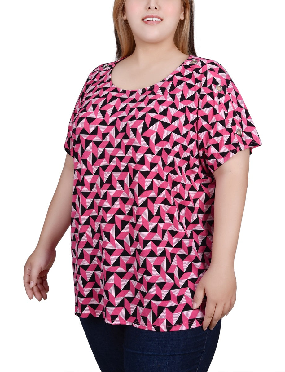  NY Collection Plus Size Short Sleeve Extended Sleeve Tunic Top - Black White Brush - Bonton