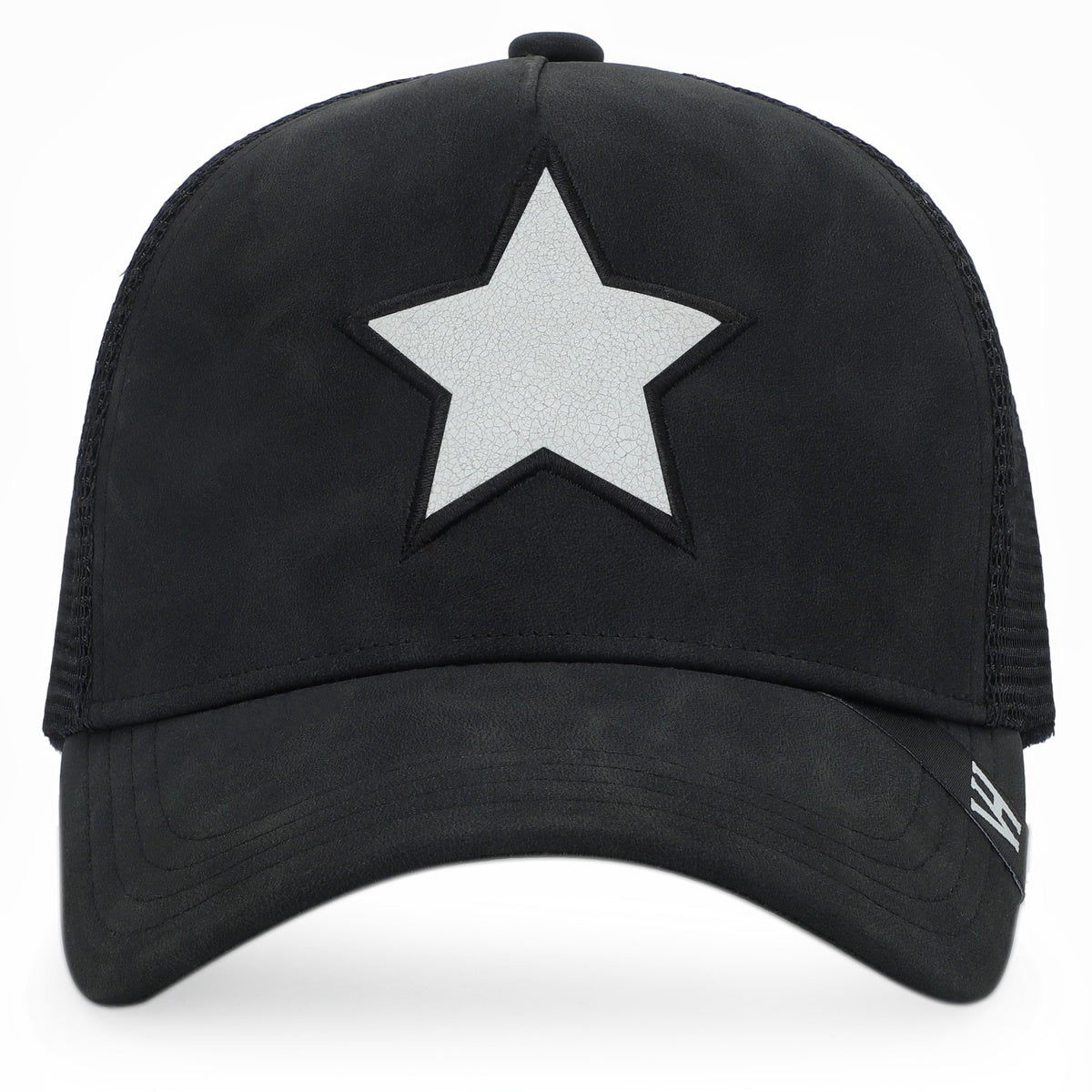  Vintage Havana Vintage Havana Trucker Hat for Women & Men – Black Faux Nubuck Leather & Mesh Adjustable Cap With White Cracked Leather Star - Default Title - Bonton