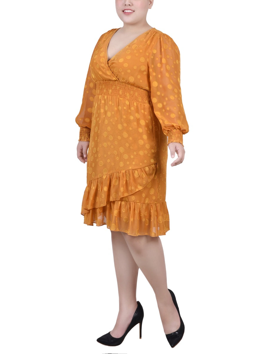  NY Collection Plus Size Long Sleeve Smocked Waist Dress - Mustard Multi Dot - Bonton