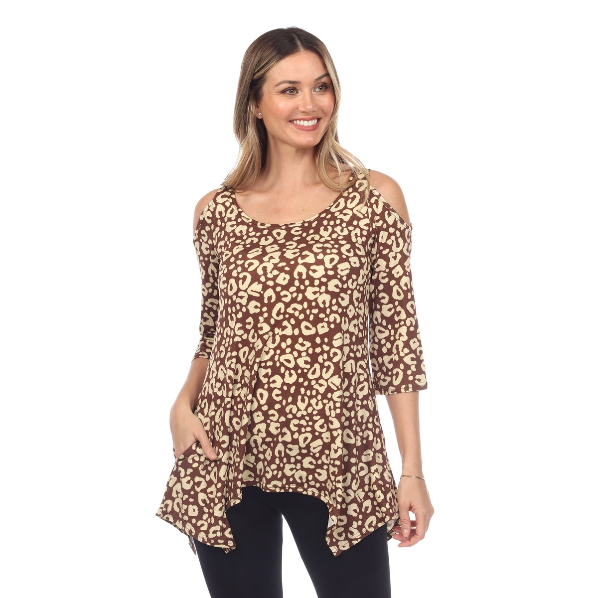  White Mark Women's Leopard Cold Shoulder Tunic - S - Bonton