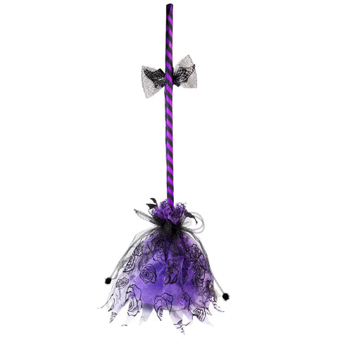 Striped Animated Witches Halloween Broom Decoration - 29" - Purple and Black