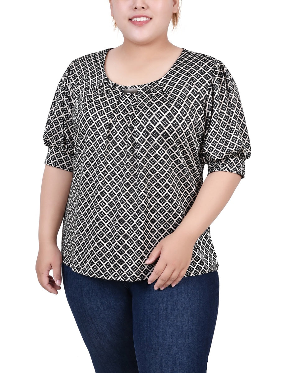  NY Collection Plus Size Short Sleeve Balloon Sleeve Top With Hardware - Black Taupe Zebra - Bonton