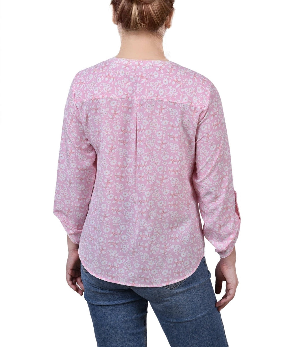  NY Collection Petite 3/4 Sleeve Roll Tab Y Neck Blouse - Black White Abstract - Bonton