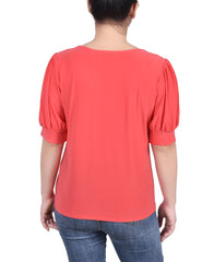 Short Sleeve Balloon Sleeve Top With Hardware