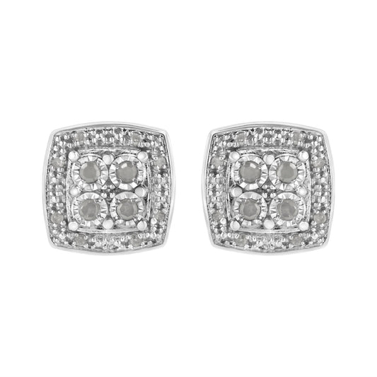 .925 Sterling Silver 1/4 Cttw Round Cut Diamond Square Shape Milgrain Stud Earrings (I-J Color, I3 Clarity)