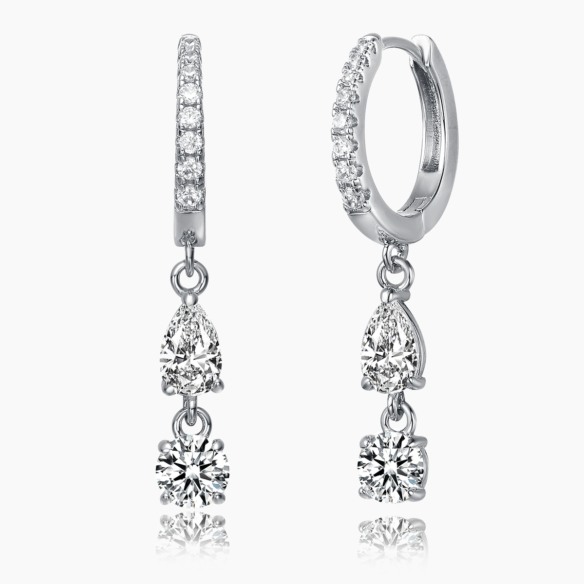  Rachel Glauber White Gold Plated Cubic Zirconia Two-Stone Dangle Huggie Hoop Earrings - White - Bonton