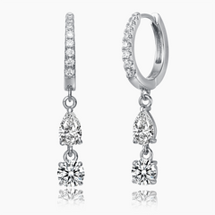 White Gold Plated Cubic Zirconia Two-Stone Dangle Huggie Hoop Earrings