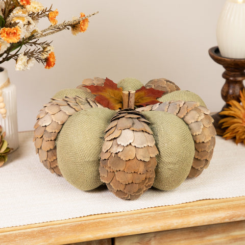 Fall Harvest Layered Wooden Leaves and Burlap Pumpkin - 10" - Green and Beige