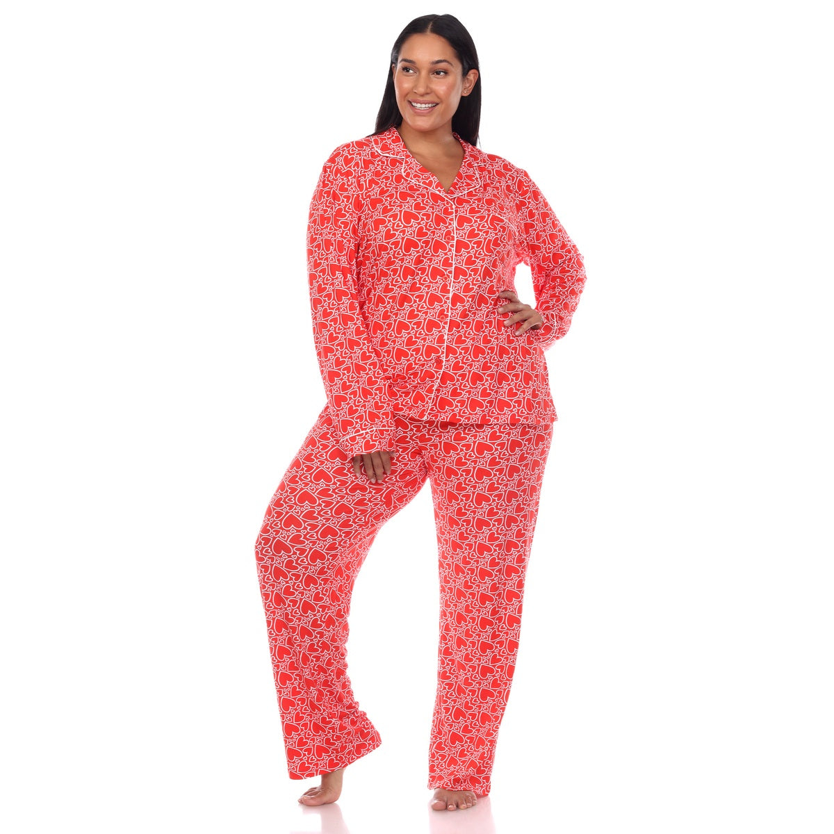  White Mark Plus Size Long Sleeve Heart Print Pajama Set - 1X - Bonton