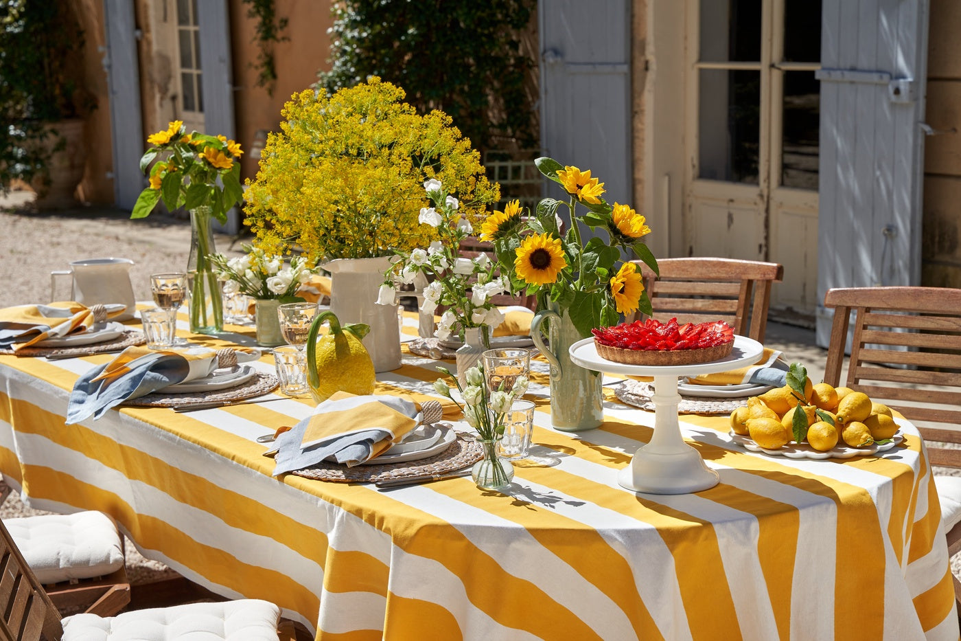  Caravan French Tablecloth St. Tropez Yellow Stripes - 59 x 59 - Square - Seats 2-4 - Bonton