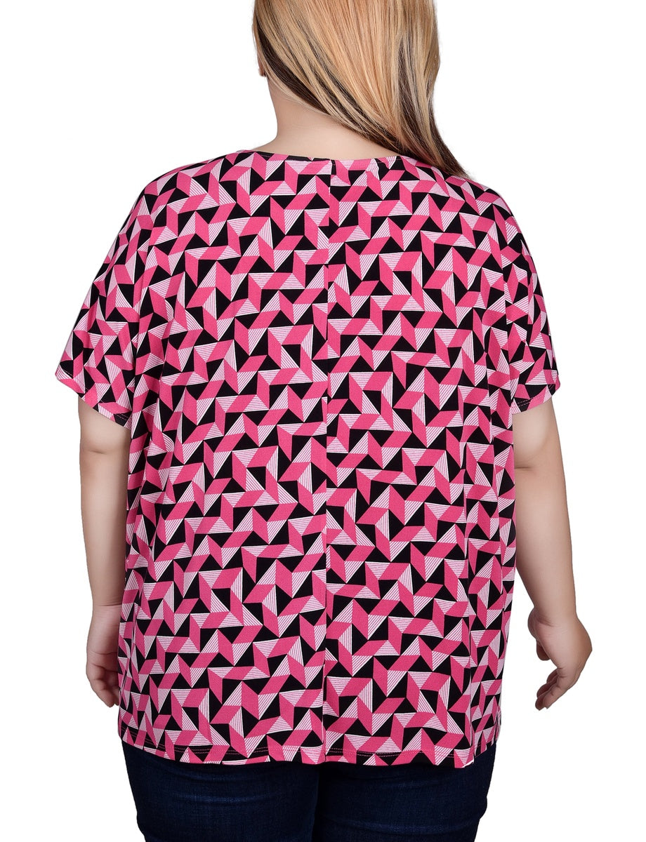  NY Collection Plus Size Short Sleeve Extended Sleeve Tunic Top - Black White Brush - Bonton