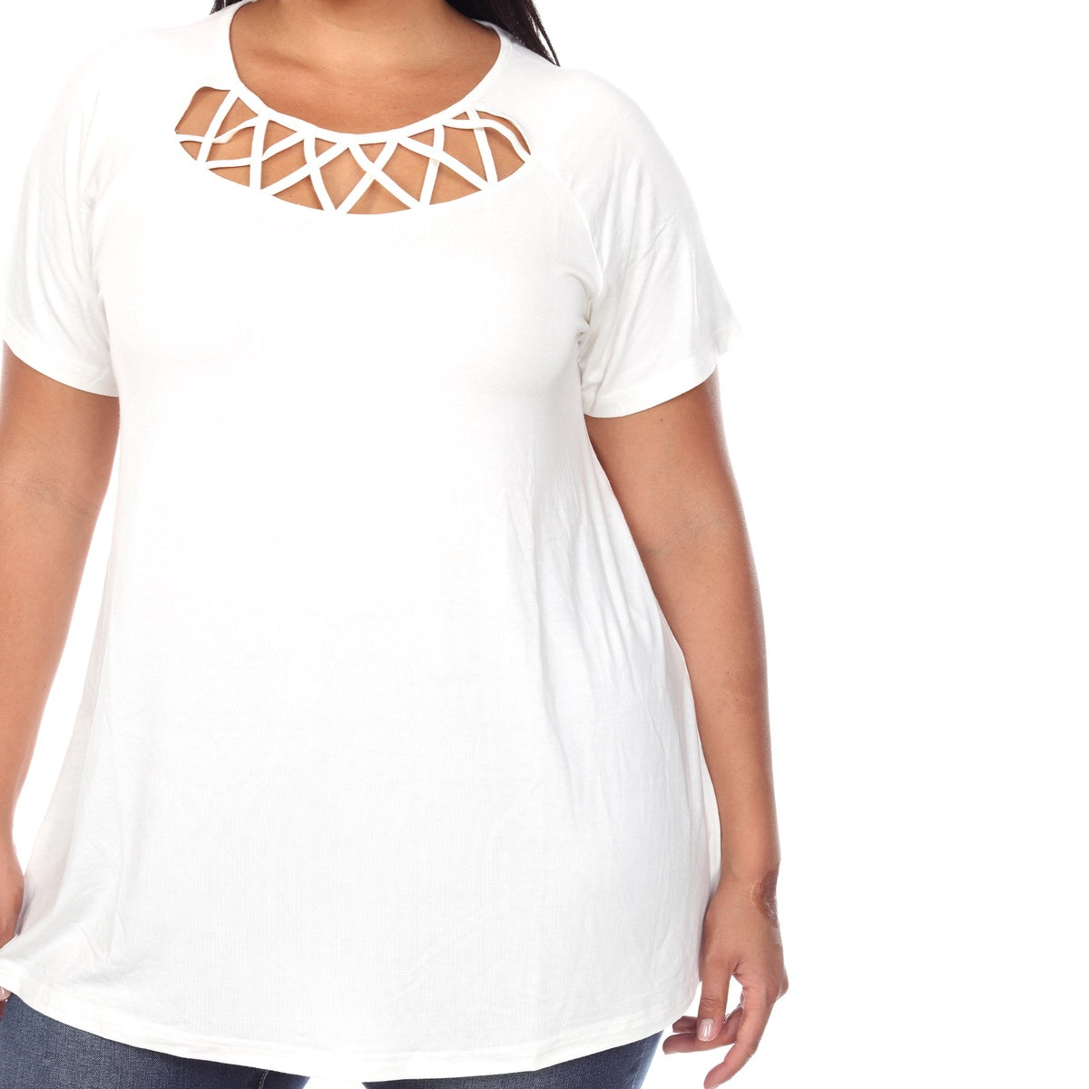  White Mark Plus Size Crisscross Cutout Short Sleeve Top - 1X - Bonton