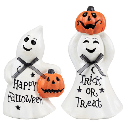 Ghost and Pumpkin "Happy Halloween" and "Trick or Treat" Figurines - 7.75" - Set of 2