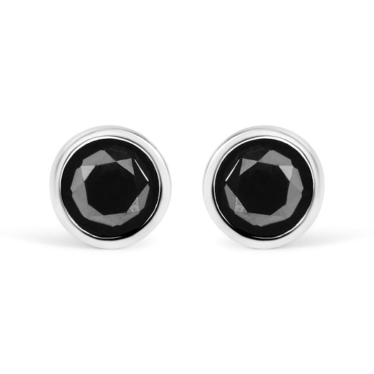 .925 Sterling Silver 1.00 Cttw Round Brilliant-Cut Black Diamond Bezel-Set Stud Earrings With Screw Backs (Fancy Color-Enhanced, I2-I3 Clarity)