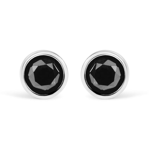 .925 Sterling Silver 1.00 Cttw Round Brilliant-Cut Black Diamond Bezel-Set Stud Earrings With Screw Backs (Fancy Color-Enhanced, I2-I3 Clarity)