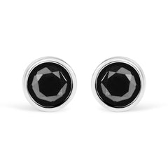 .925 Sterling Silver 1.00 Cttw Round Brilliant-Cut Black Diamond Bezel-Set Stud Earrings With Screw Backs (Fancy Color-Enhanced, I2-I3 Clarity)