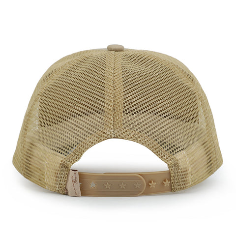 Vintage Havana Trucker Hat for Women & Men – Khaki Mesh & Canvas Adjustable Cap With Brown Cracked Leather Star
