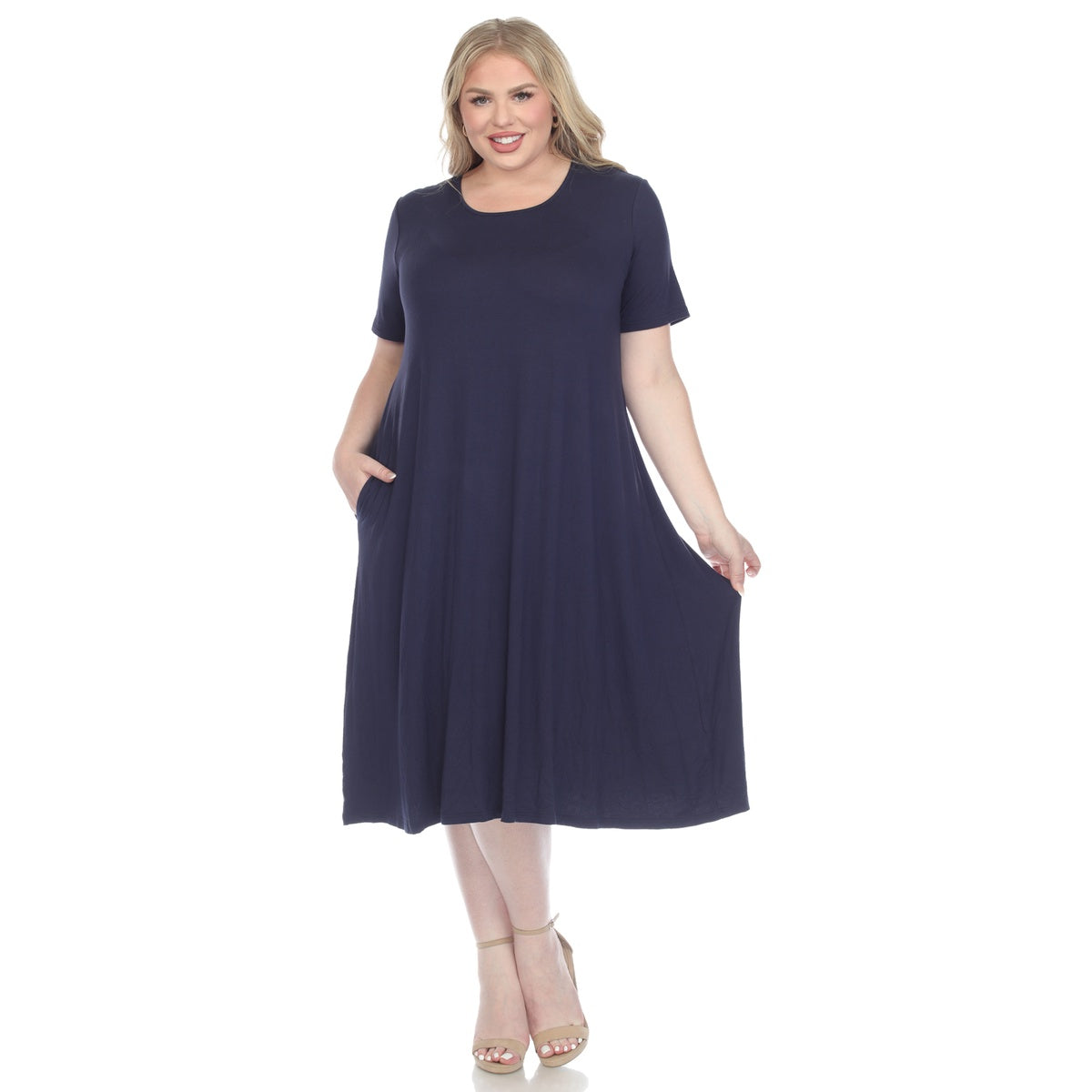  White Mark Plus Size Short Sleeve Pocket Swing Midi Dress - 3X - Bonton