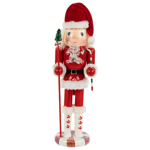 13.75" Red and White Peppermint Twist Mrs. Claus Wooden Christmas Nutcracker
