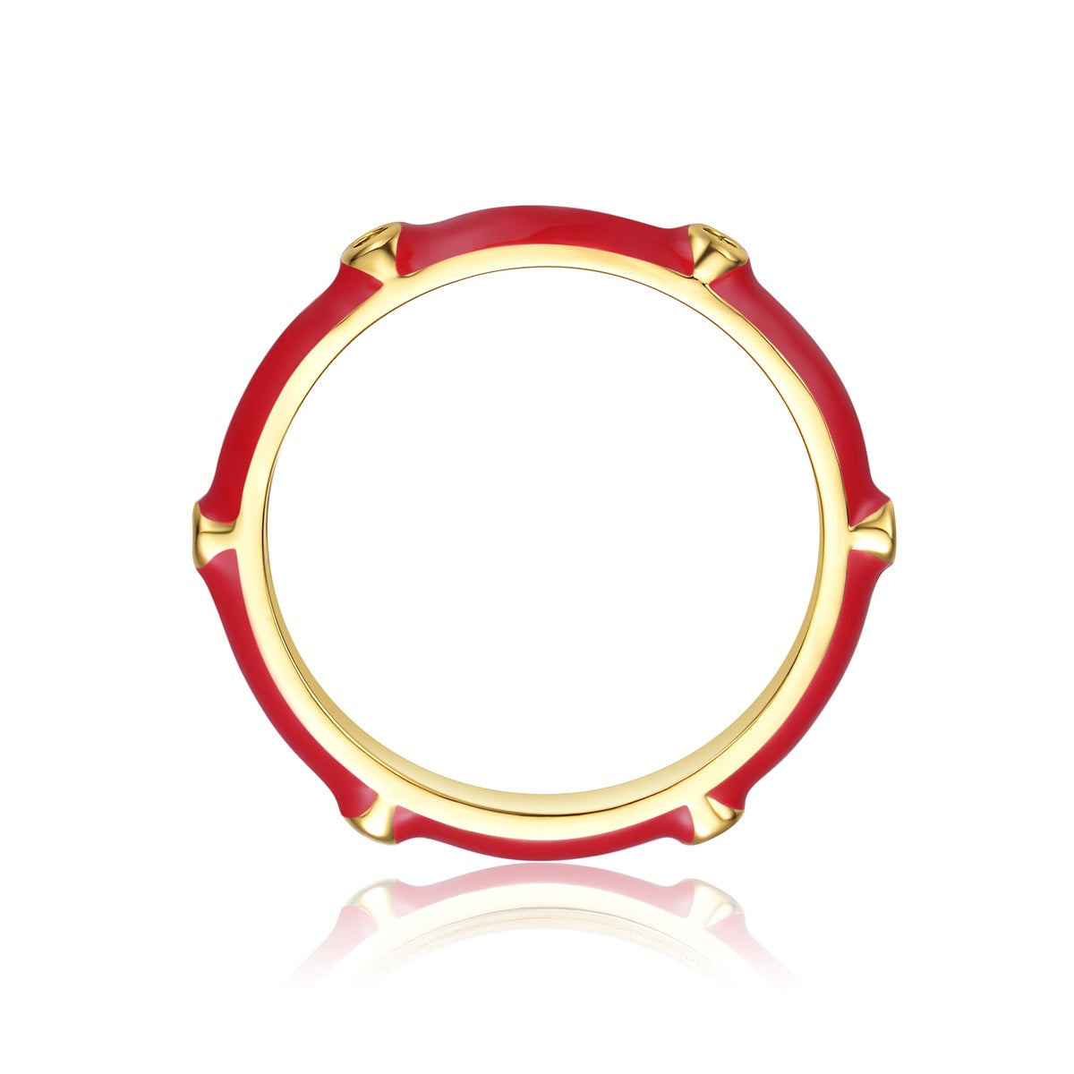  Rachel Glauber 14k Gold Plated With Clear Cubic Zirconia Colored Enamel Bamboo Kids/Teens Stacking Ring - Red Enamel - Bonton