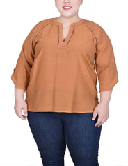 Plus Size Raglan Sleeve Split Neck Blouse