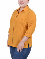 3/4 Roll Tab Blouse With Pockets