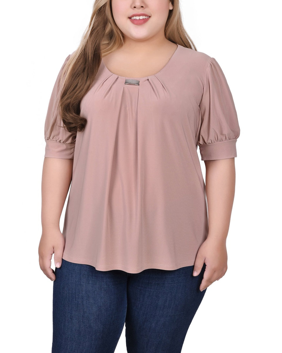  NY Collection Plus Size Short Sleeve Balloon Sleeve Top With Hardware - Bittersweet - Bonton