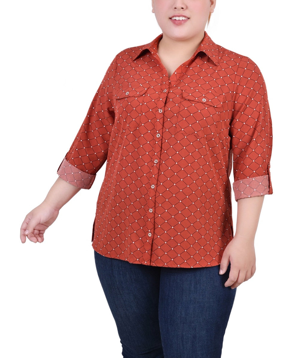  NY Collection Plus Size 3/4 Sleeve Roll Tab Notch Collar Blouse - Red Dots Mix - Bonton