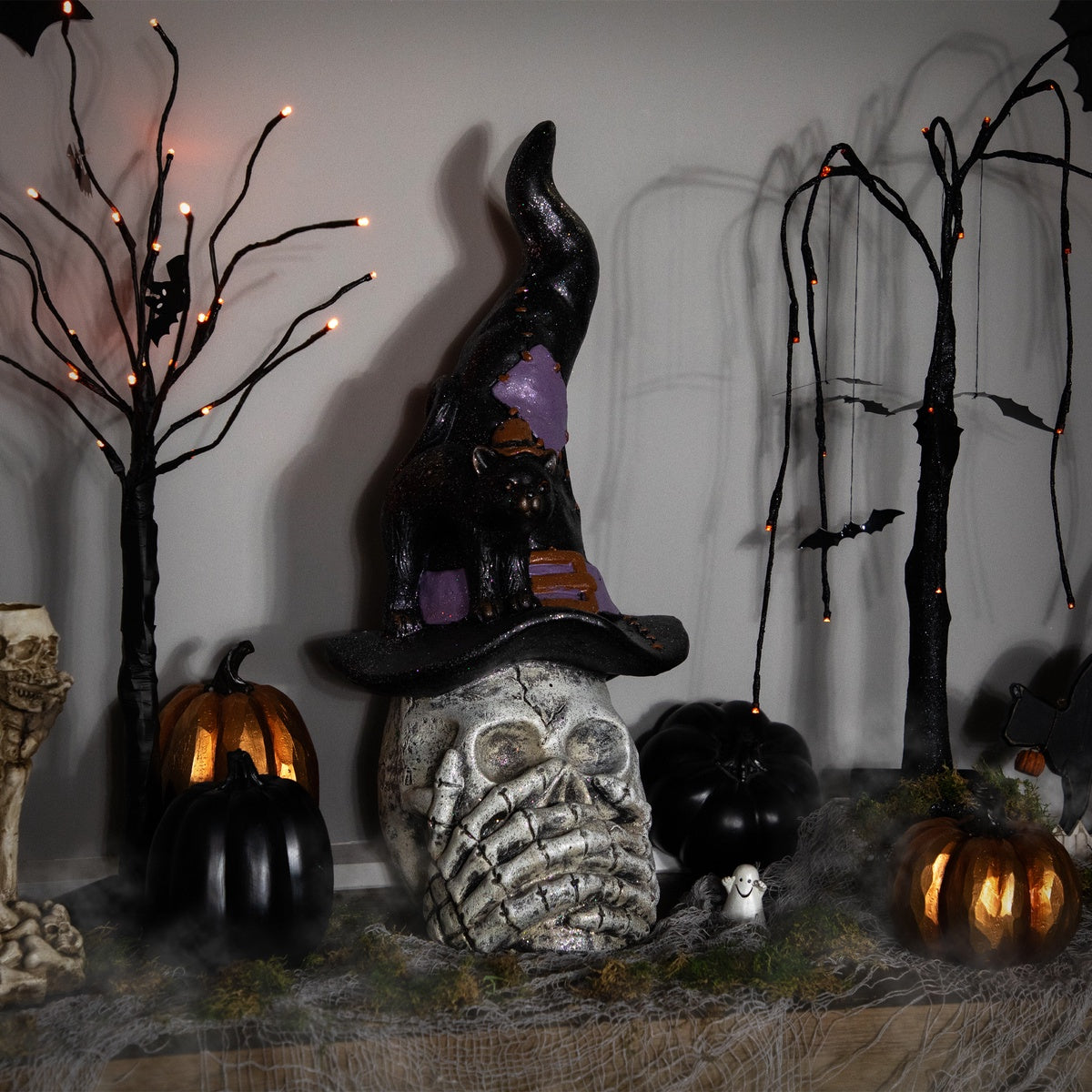  Northlight Skull and Skeleton Hands in Witch Hat With Cat Halloween Decoration - 22.75