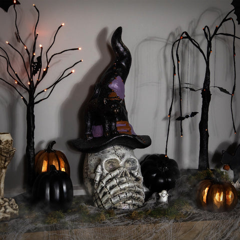 Skull and Skeleton Hands in Witch Hat With Cat Halloween Decoration - 22.75"