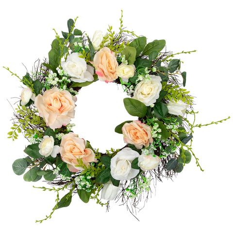 Rose and Foliage Artificial Spring Wreath - 24-Inch  Unlit