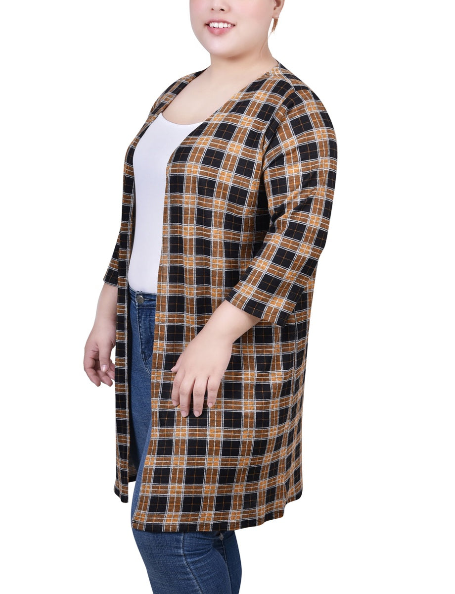  NY Collection Plus Size 3/4 Sleeve Knit Cardigan - Black White Plaid - Bonton