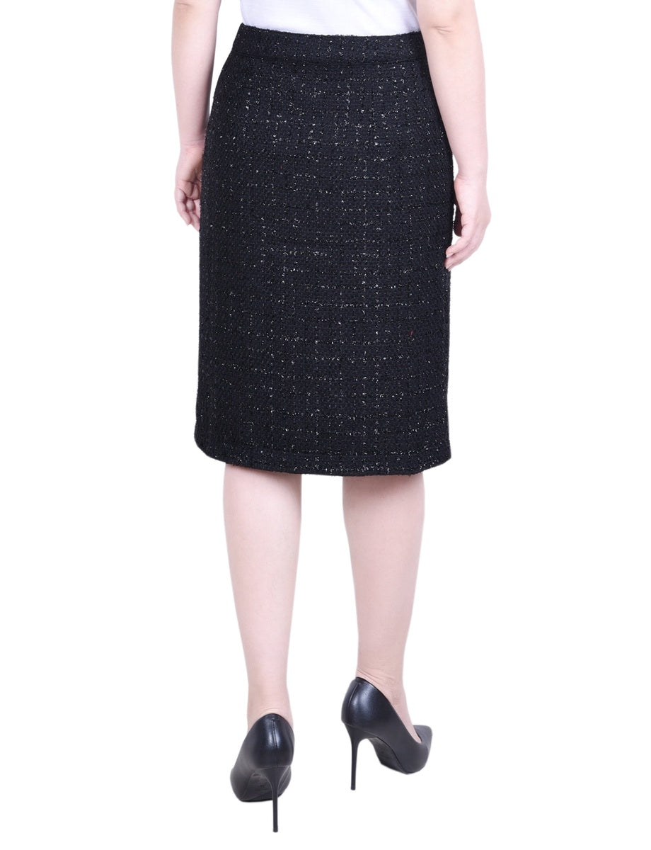  NY Collection Petite Knee Length Slim Tweed Knit Skirt - Black Ivory Plaid - Bonton
