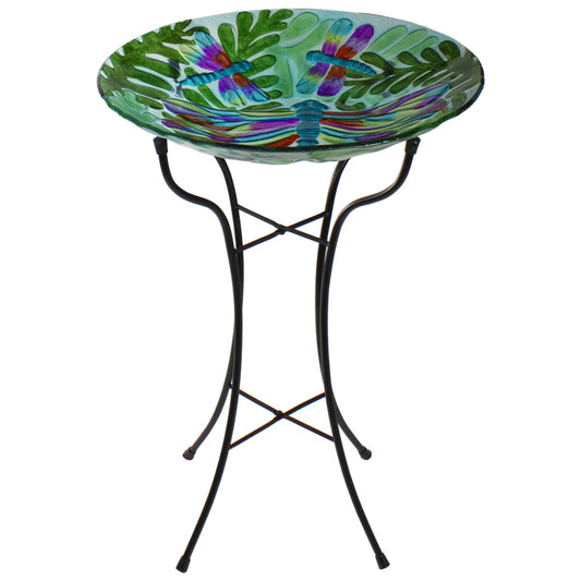 18" Colorful Dragonfly With Green Leaves Hand Painted Glass Outdoor Patio Birdbath