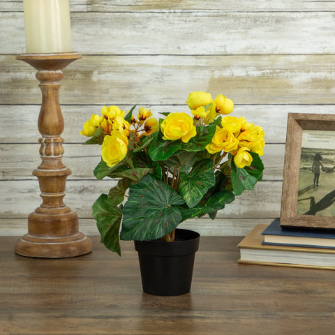 11" Yellow Potted Silk Begonia Spring Artificial Floral Arrangement