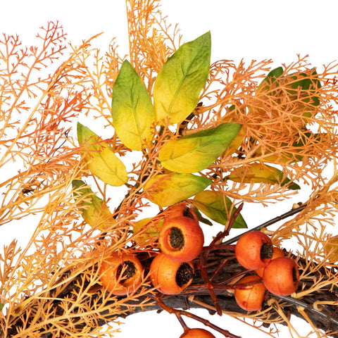 Yellow and Orange Berry and Leaves Fall Harvest Artificial Wreath - 24-Inch  Unlit