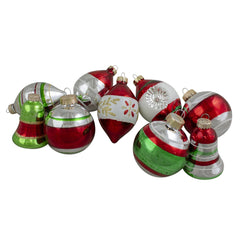 2-Finish Striped Glass Christmas Ornaments - 3.25" - Silver and Red - 9ct