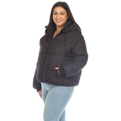 Plus Size Full Front Zip Hooded Bomber Puffer Coat