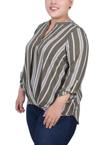 Plus Size 3/4 Sleeve Mandarin Collar Blouse With Front Pleats
