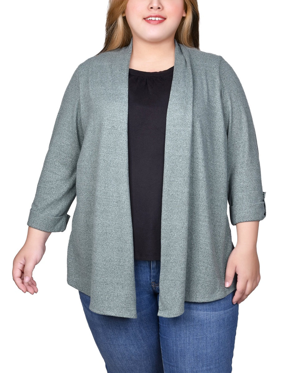  NY Collection Plus Size Roll Tab Sleeve 2Fer Set - Charcoal Grey - Bonton