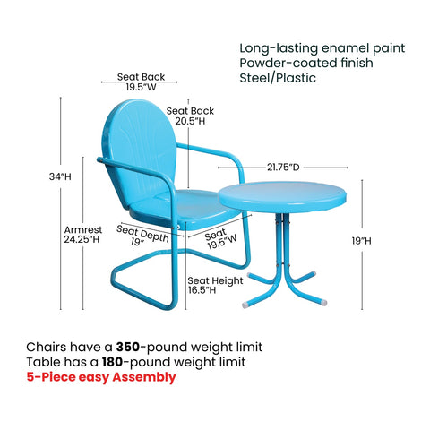 3-Piece Retro Metal Tulip Chairs and Side Table Outdoor Set  Sky Blue