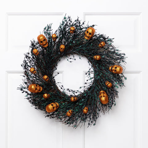 Black and Orange Skulls and Spiders Halloween Twig Wreath  22-Inch  Unlit
