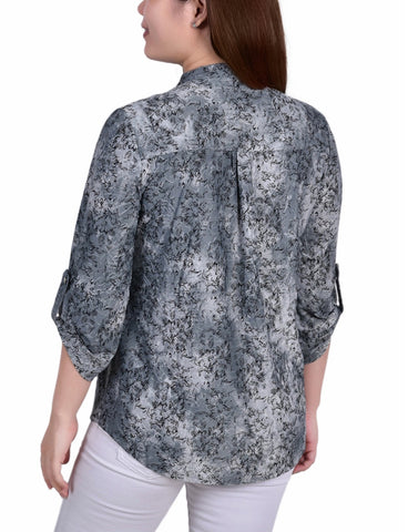 3/4 Roll Tab Sleeve Y Neck Top