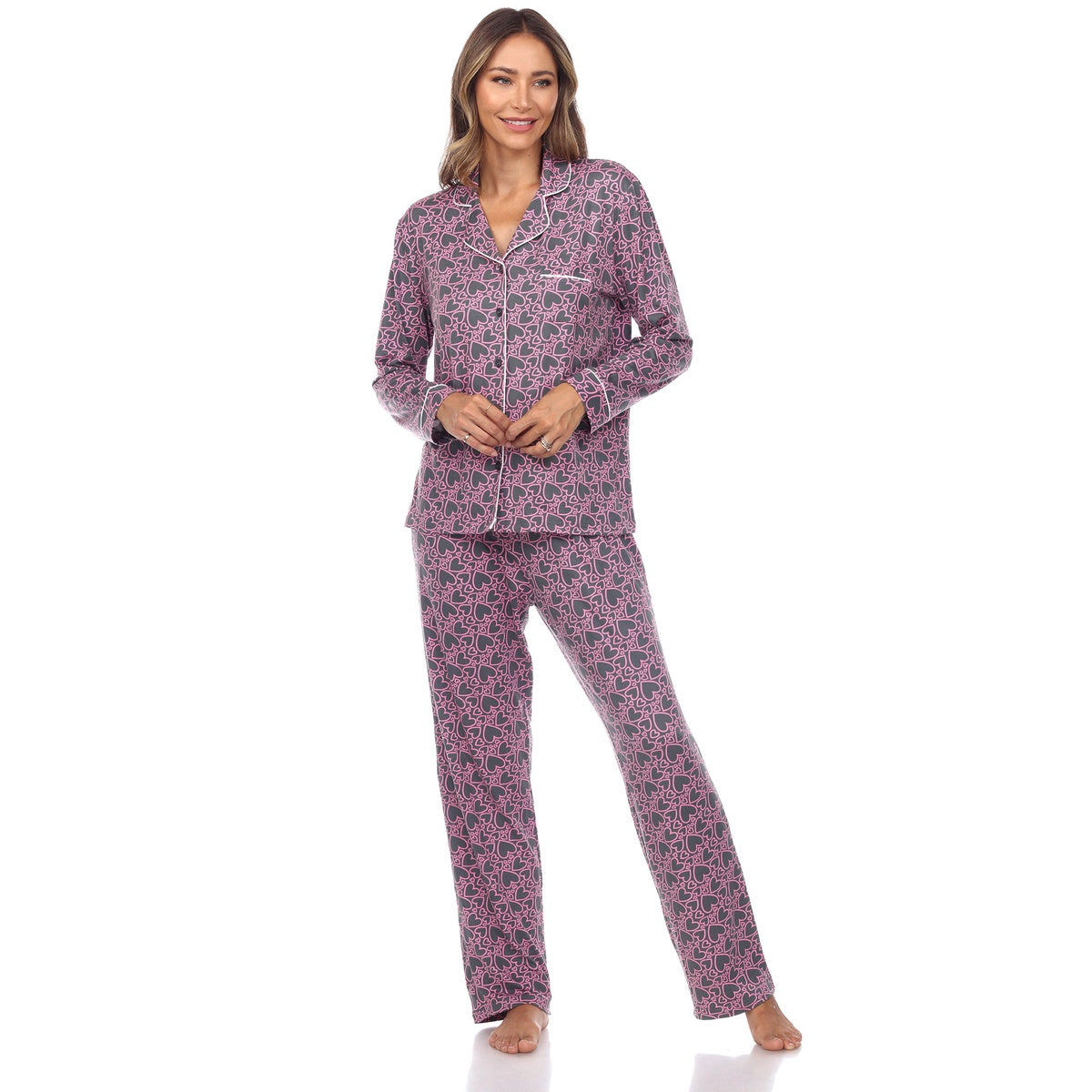  White Mark Women's Long Sleeve Heart Print Pajama Set - M - Bonton