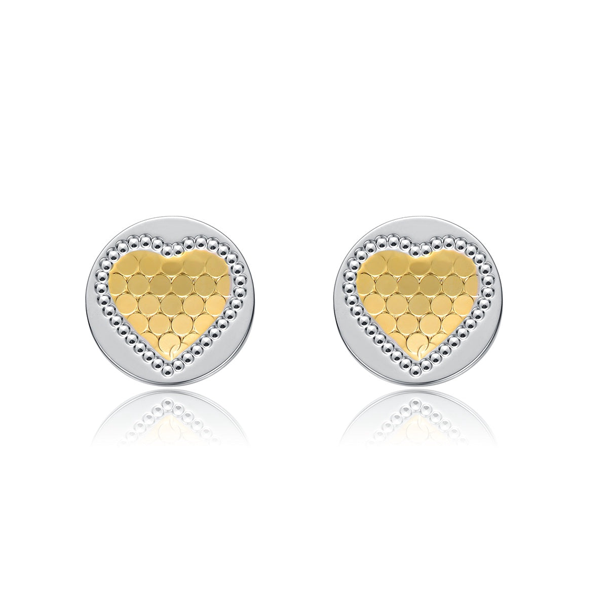  Rachel Glauber Two-Tone Heart Milgrain Medallion Round Stud Earrings, White Gold Plated or 14K Gold Plated - Default Title - Bonton