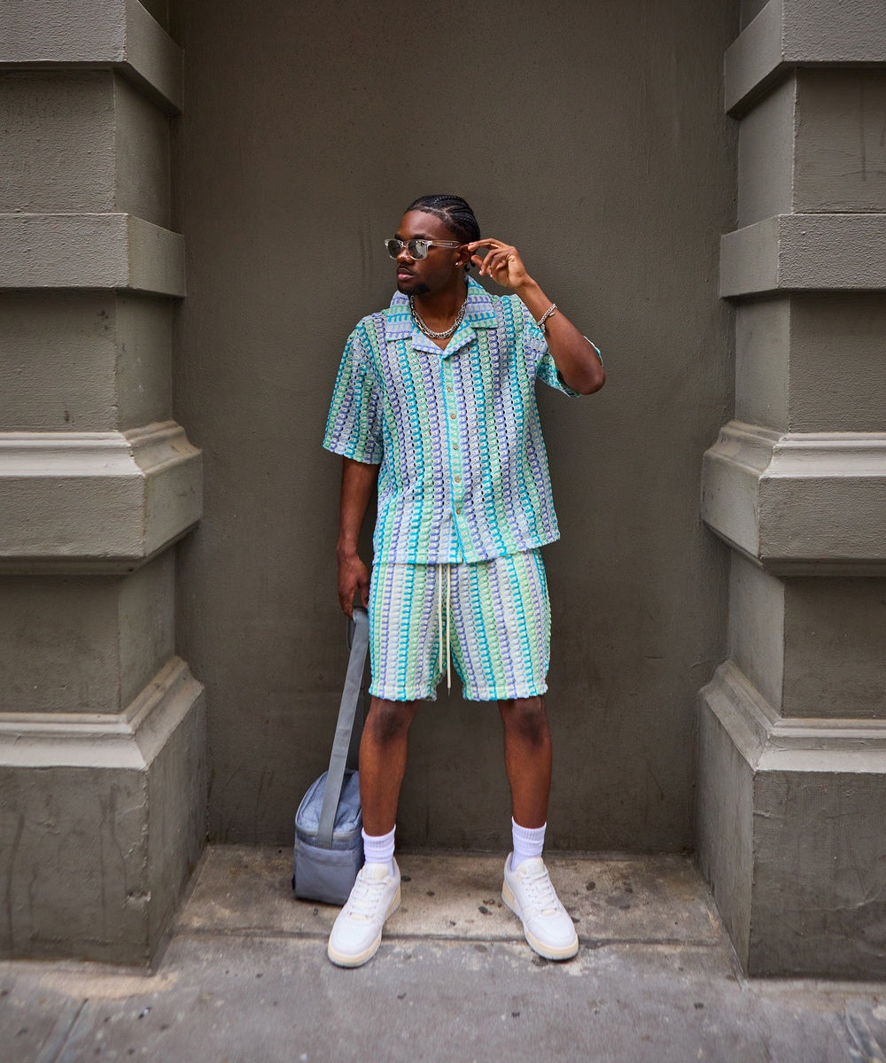  Reason Clothing Textured Knit Short Sleeve Button Down Shirt - Light Blue - MULTI - Bonton