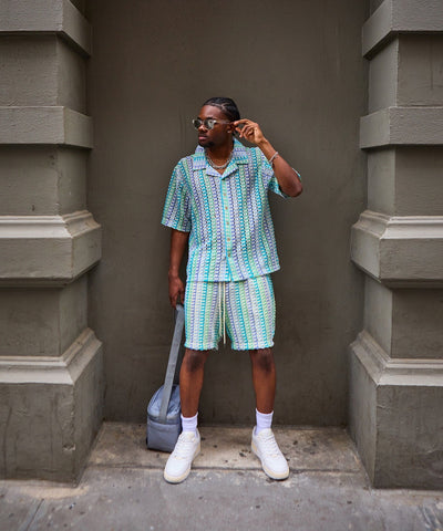 Textured Knit Short Sleeve Button Down Shirt - Light Blue